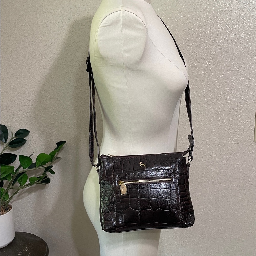 Ashwood Leather Dark Brown Croc-Embossed Crossbody Bag with Gold Accents - Picture 2 of 11